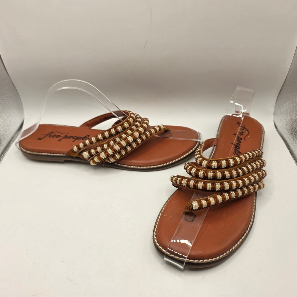 Free People Beaded Leather Thong Sandals Brown Boho Flat Slides 38.5 42795477